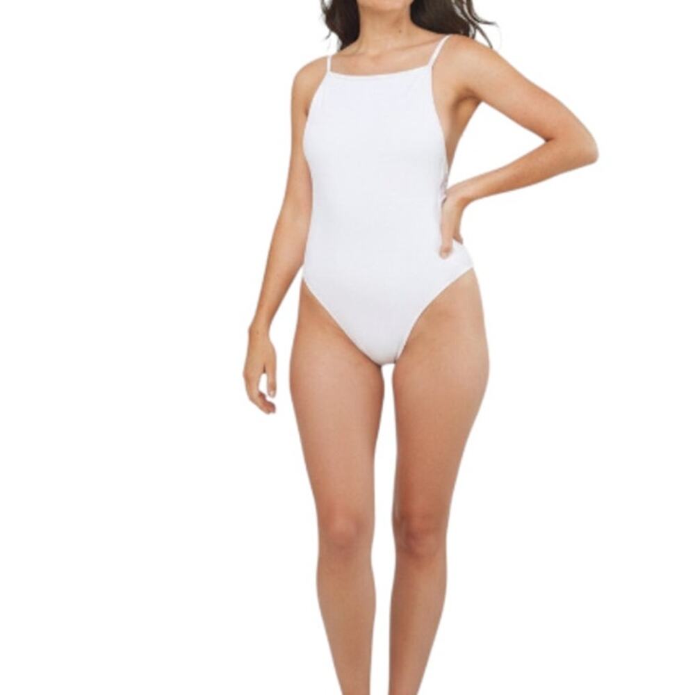 ANDIE The Paloma Ribbed One Pcs Swimsuit Sz M Lace Up White Feminine Retro NWT